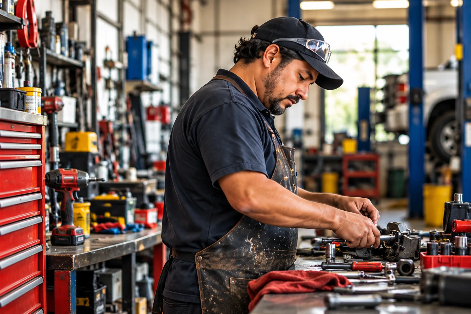 A small business owner working with tools in a workshop.