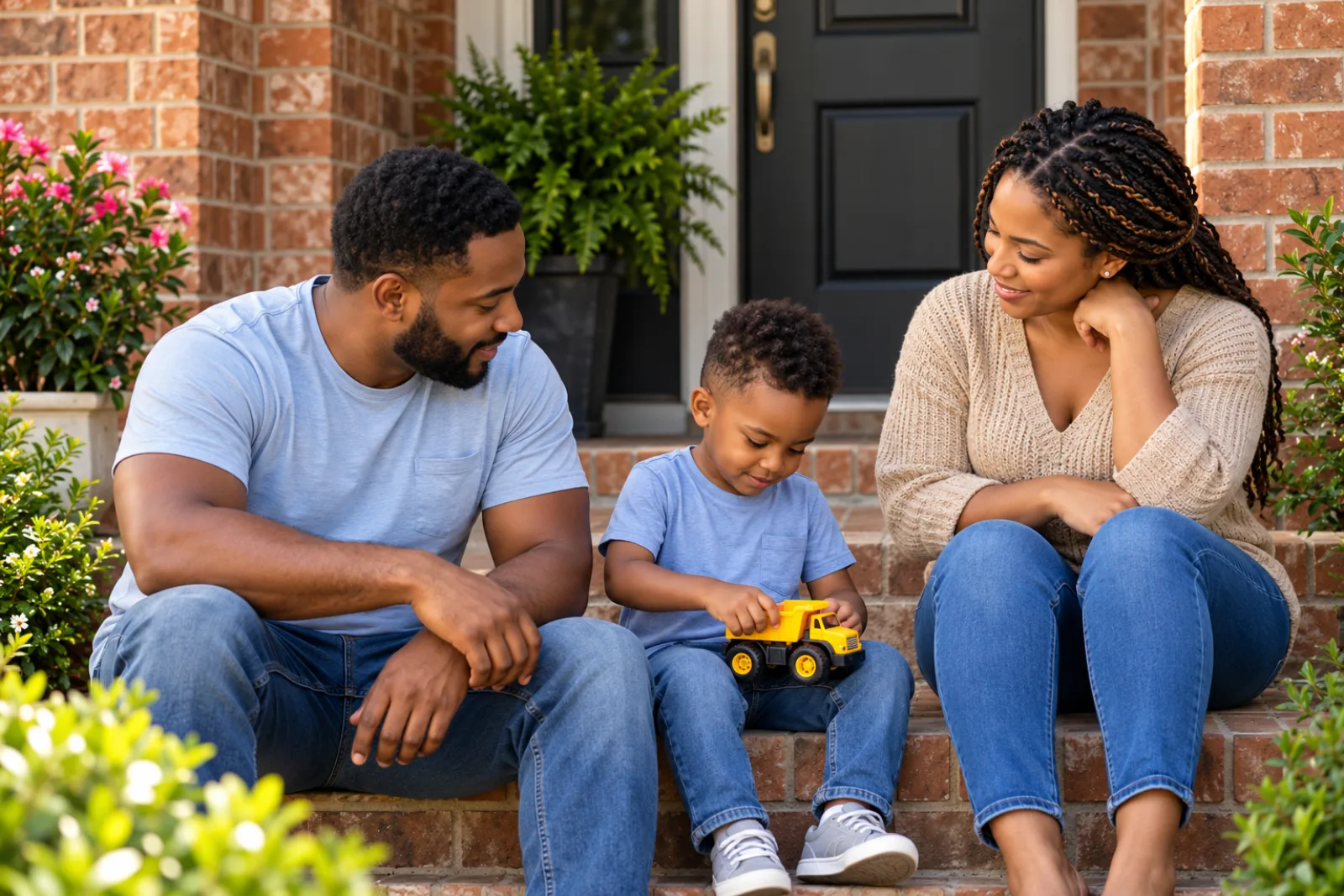 A family spending time together on the steps of a brick home.