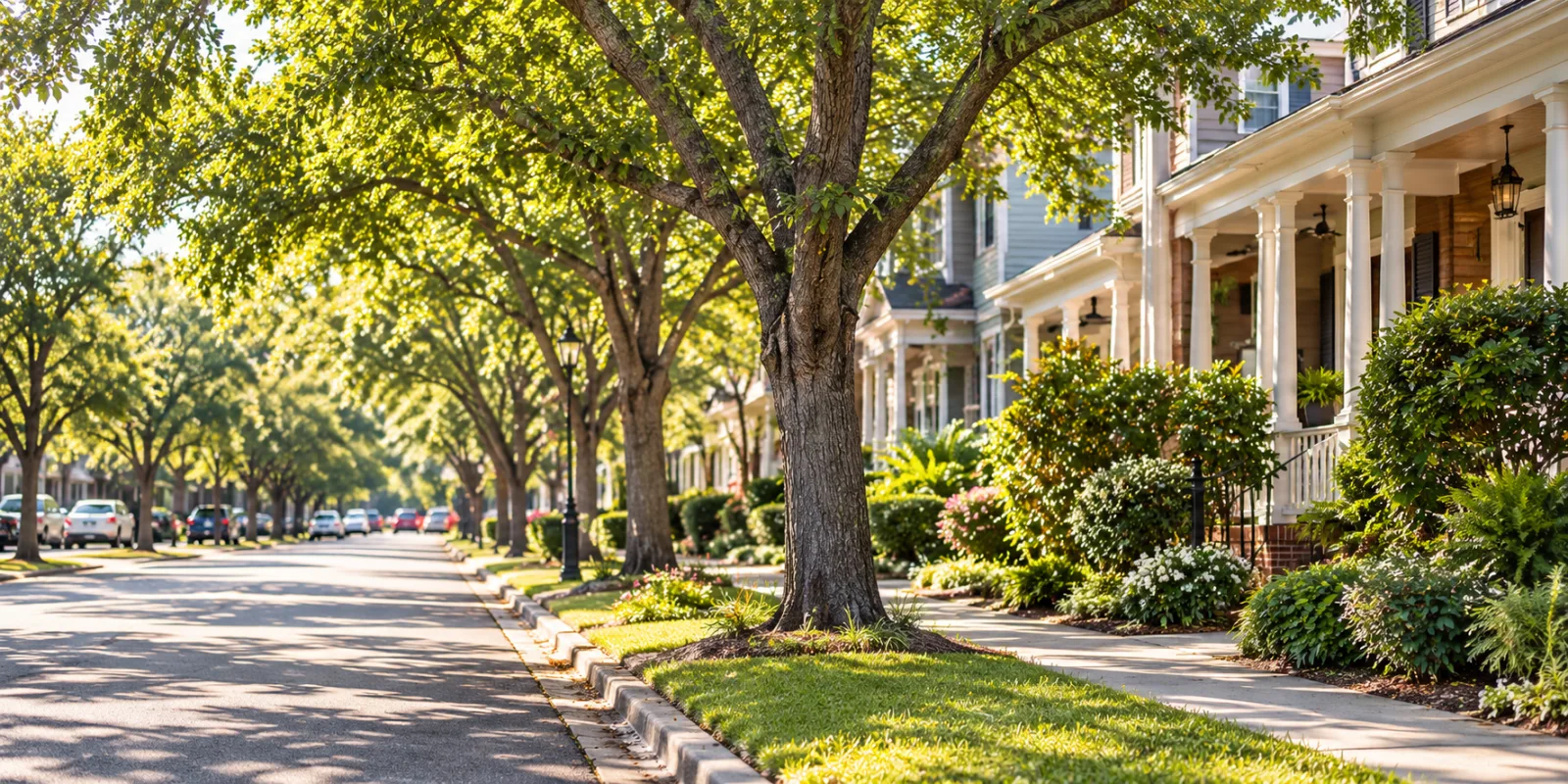An illustrative tree-lined residential street with welcoming front porches.